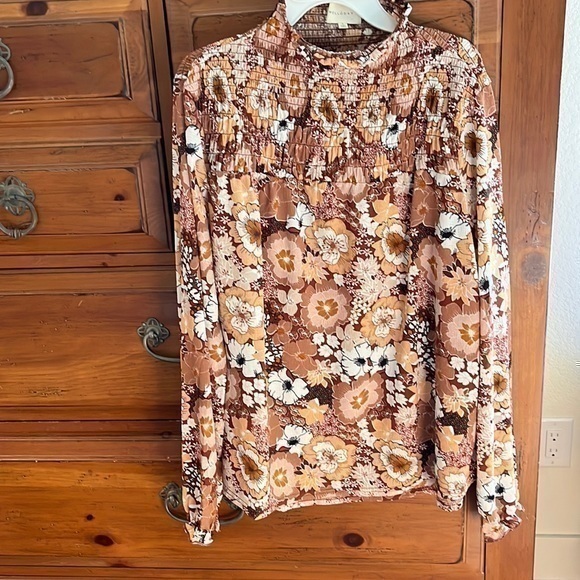 MELLODAY Tops - Melloday Women’s brown cream floral blouse tunic size large NWOT